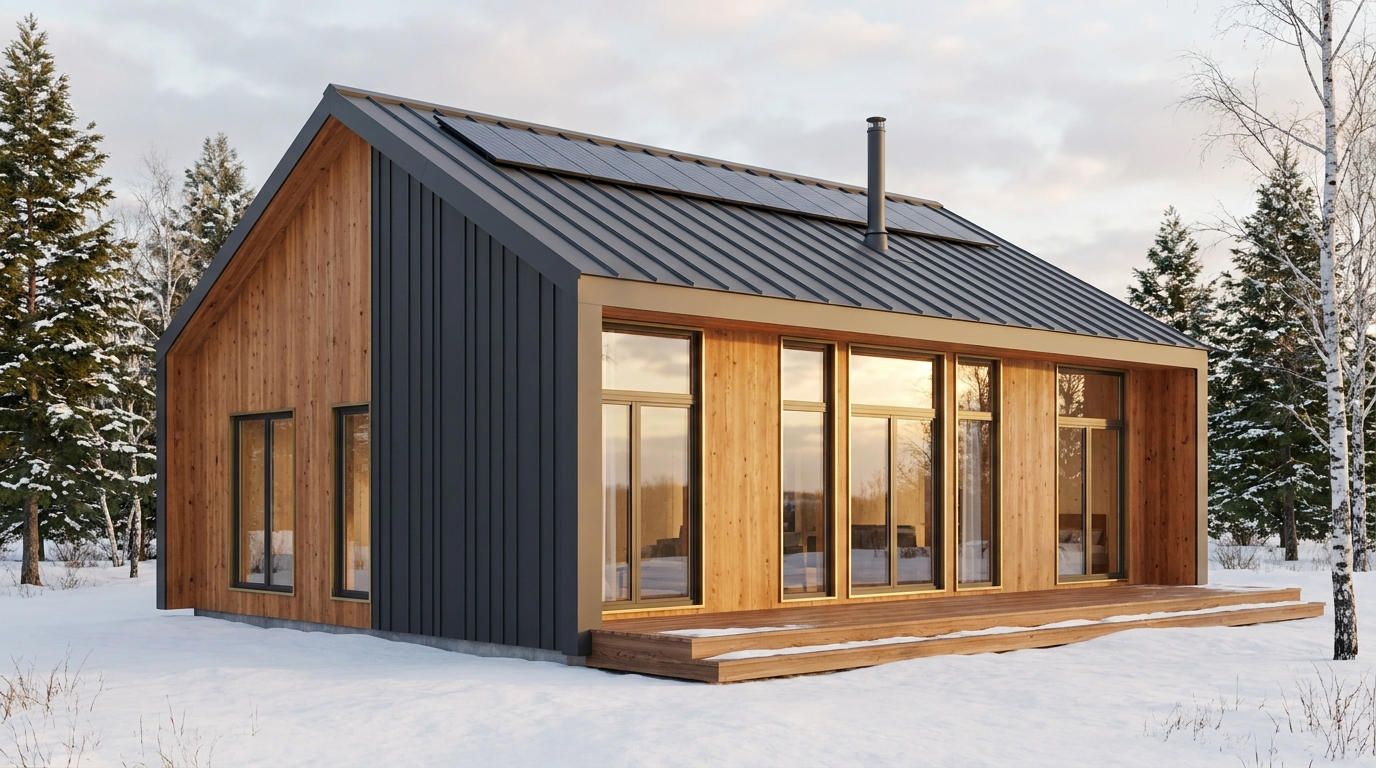 陽の小屋 外観 — AI render based on BIM specs