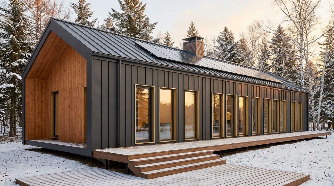 霧の小屋 外観 — AI render based on BIM specs