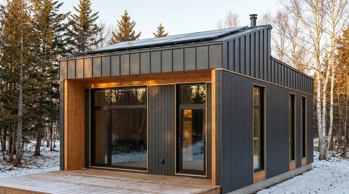 雪の小屋 外観 — AI render based on BIM specs