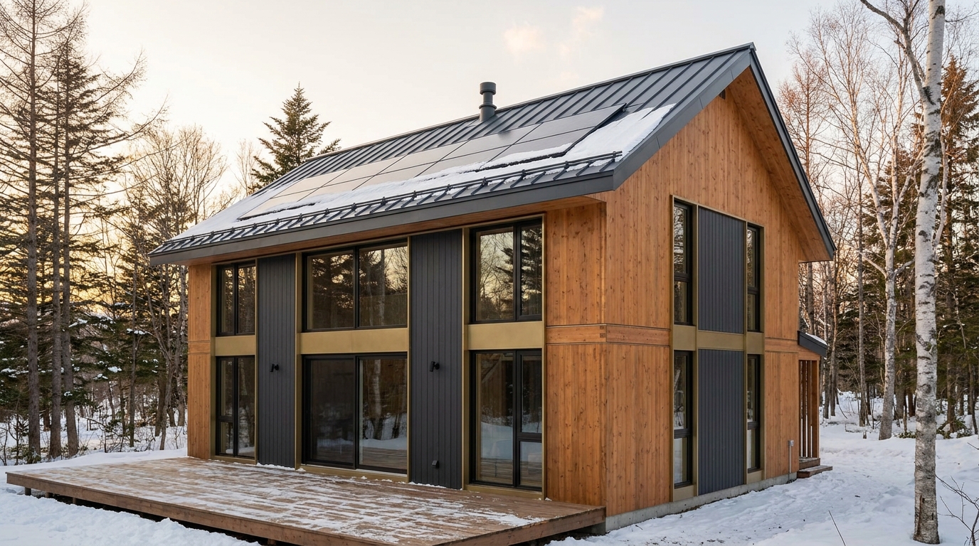雨の小屋 外観 — AI render based on BIM specs