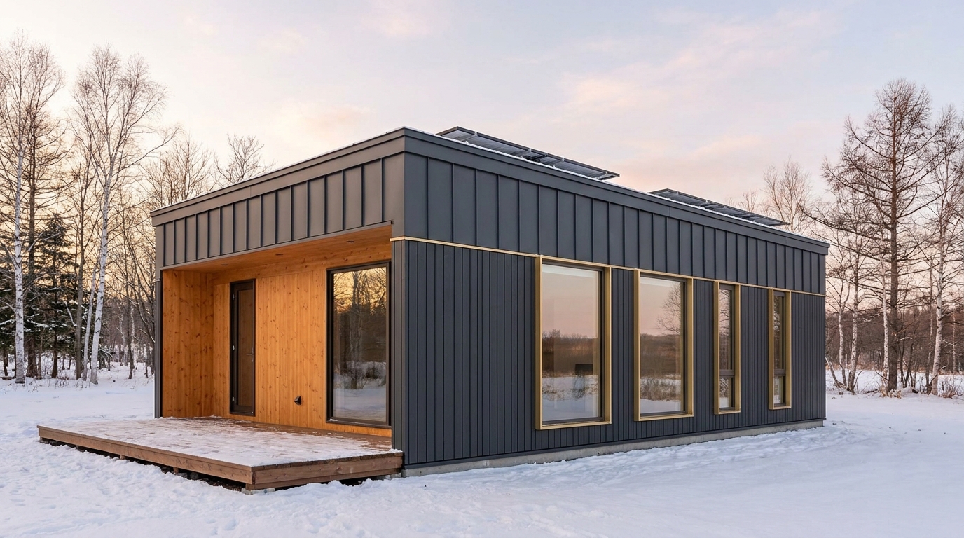 陽の小屋 外観 — AI render based on BIM specs