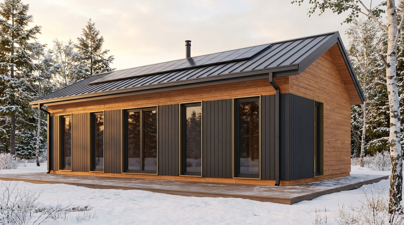 雪の小屋 外観 — AI render based on BIM specs