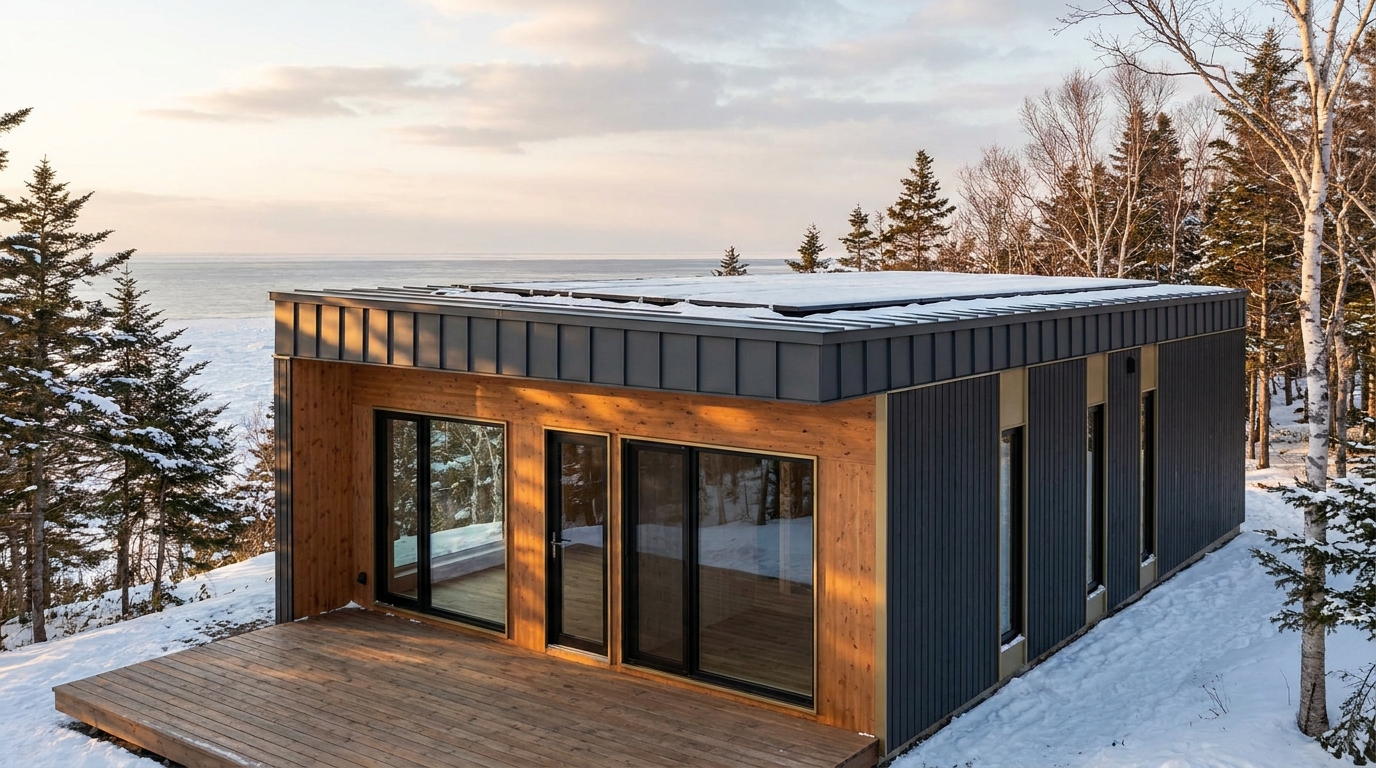 雪の小屋 外観 — AI render based on BIM specs