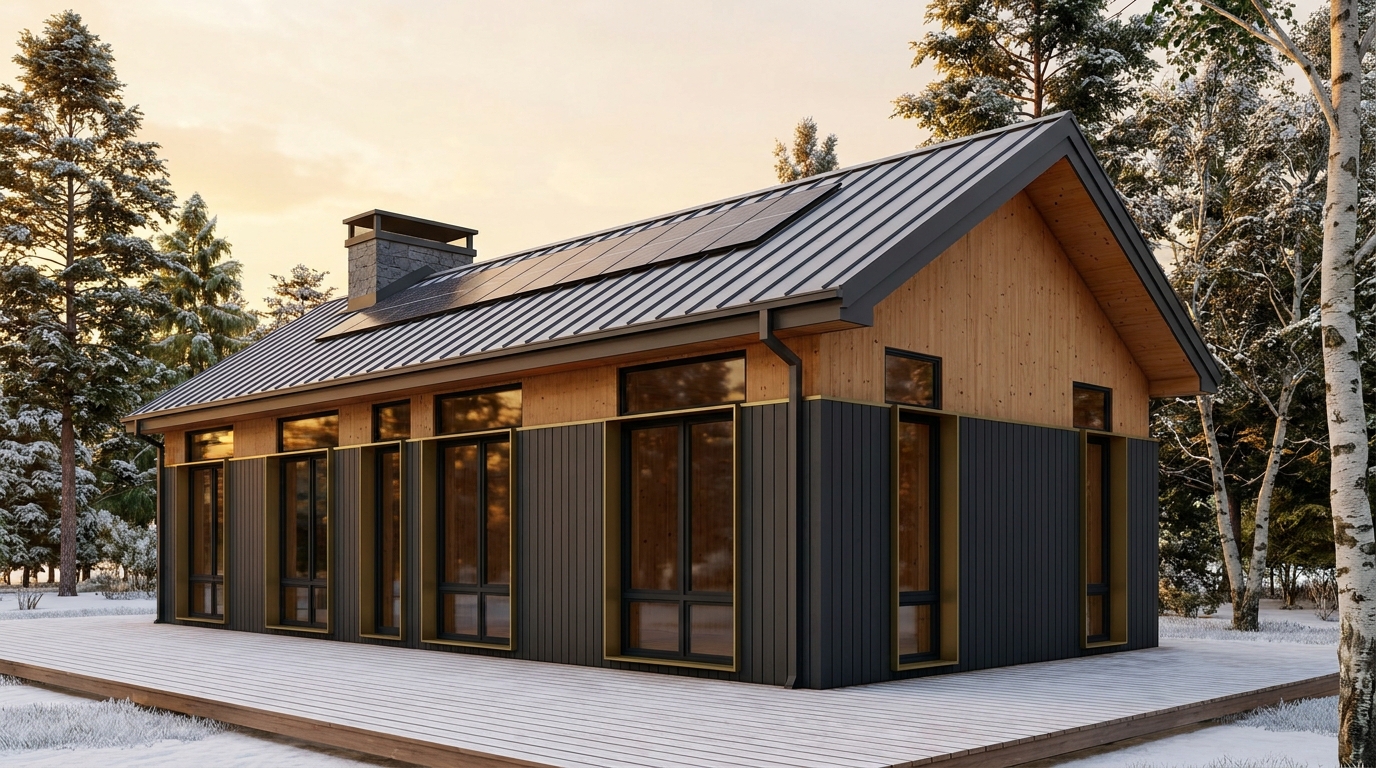 雨の小屋 外観 — AI render based on BIM specs