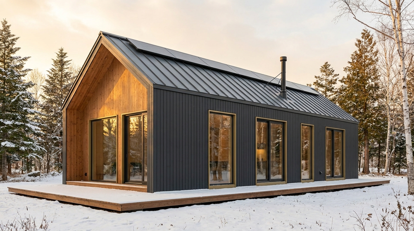 霧の小屋 外観 — AI render based on BIM specs