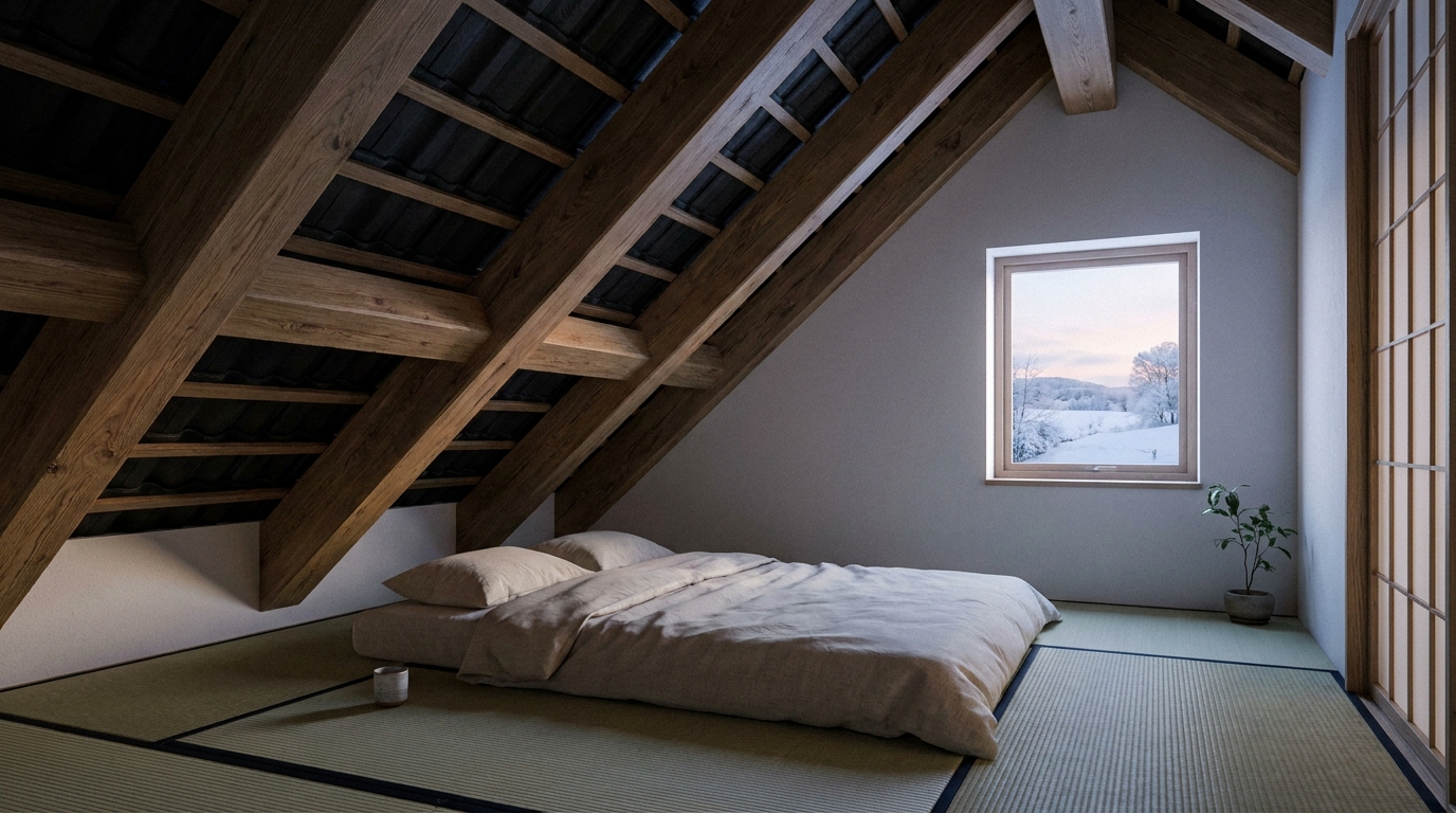 Loft Bedroom — 黒瓦下のロフト寝室